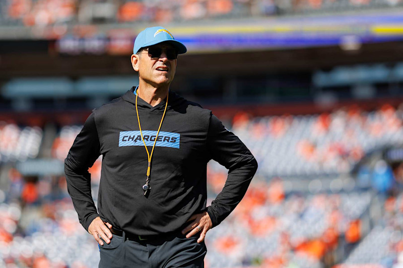 DENVER, COLORADO - OCTOBER 13: Head coach Jim Harbaugh of the Los Angeles Chargers stands on the field prior to an NFL football game against the Denver Broncos at Empower Field at Mile High on October 13, 2024 in Denver, Colorado. (Photo by Brooke Sutton/Getty Images)