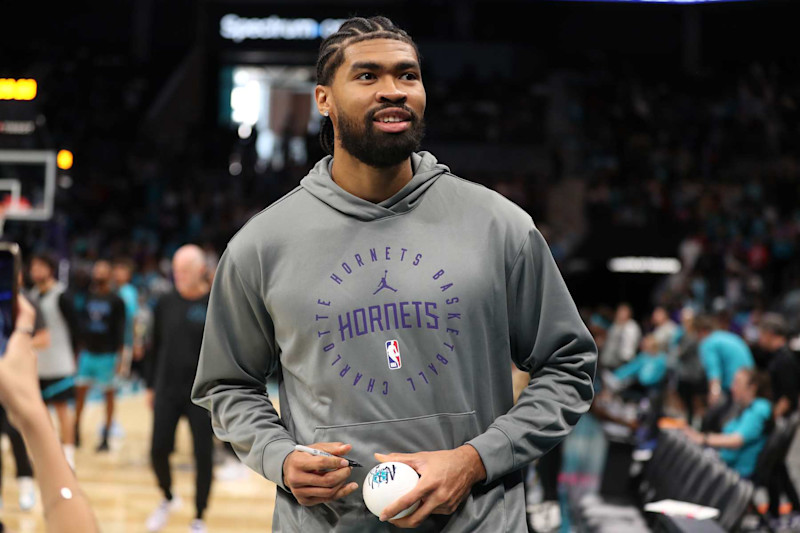 CHARLOTTE, NC- OCTOBER 12: Charlotte Hornets players shoot around during the Purple and Teal Day at Spectrum Center in Charlotte, North Carolina.  NOTE TO USER: User expressly acknowledges and agrees that, by downloading and or using this photograph, User is consenting to the terms and conditions of the Getty Images License Agreement. Mandatory Copyright Notice: Copyright 2024 NBAE  (Photo by Kent Smith/NBAE via Getty Images)