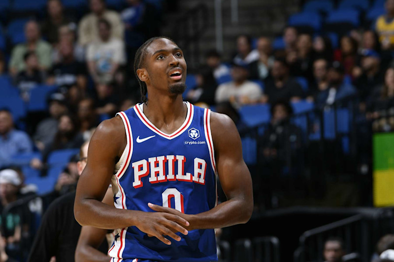 ORLANDO, FL - OCTOBER 18: Tyrese Maxey #0 of the Philadelphia 76ers looks on during the game against the Orlando Magic during a NBA preseason game on October 18, 2024 at Kia Center in Orlando, Florida. NOTE TO USER: User expressly acknowledges and agrees that, by downloading and or using this photograph, User is consenting to the terms and conditions of the Getty Images License Agreement. Mandatory Copyright Notice: Copyright 2024 NBAE (Photo by Fernando Medina/NBAE via Getty Images)