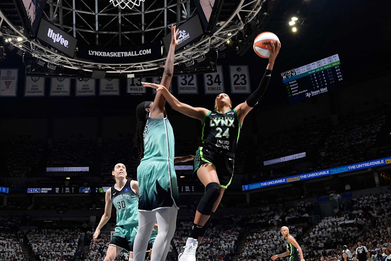 MINNEAPOLIS, MN -  OCTOBER 18: Napheesa Collier #24 of the Minnesota Lynx drives to the basket during the game against the New York Liberty during Game Four of the 2024 WNBA Finals on October 18, 2024 at Target Center in Minneapolis, Minnesota. NOTE TO USER: User expressly acknowledges and agrees that, by downloading and or using this Photograph, user is consenting to the terms and conditions of the Getty Images License Agreement. Mandatory Copyright Notice: Copyright 2024 NBAE (Photo by David Dow/NBAE via Getty Images)