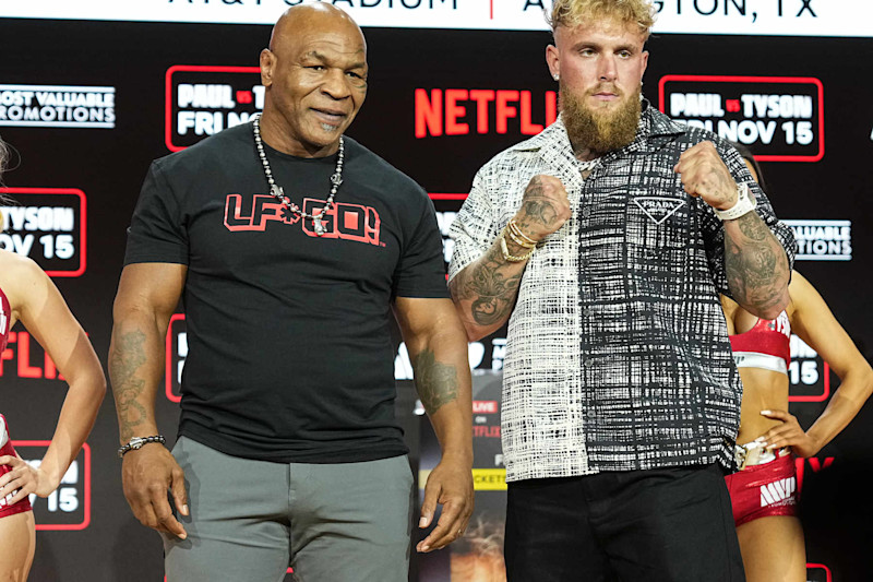 NEW YORK, NEW YORK - AUGUST 18: Mike Tyson and Jake Paul hold a press conference during Fanatics Fest NYC at Javits Center on August 18, 2024 in New York City. (Photo by John Nacion/Getty Images)