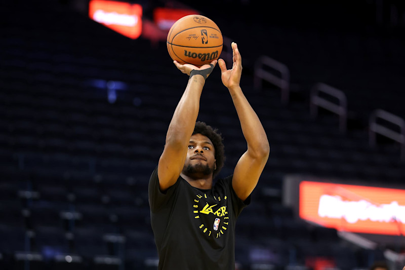 SAN FRANCISCO, CALIFORNIA - OCTOBER 18: Bronny James #9 of the Los Angeles Lakers warms up before their preseason game against the Golden State Warriors at Chase Center on October 18, 2024 in San Francisco, California.  NOTE TO USER: User expressly acknowledges and agrees that, by downloading and/or using this photograph, user is consenting to the terms and conditions of the Getty Images License Agreement.  (Photo by Ezra Shaw/Getty Images)