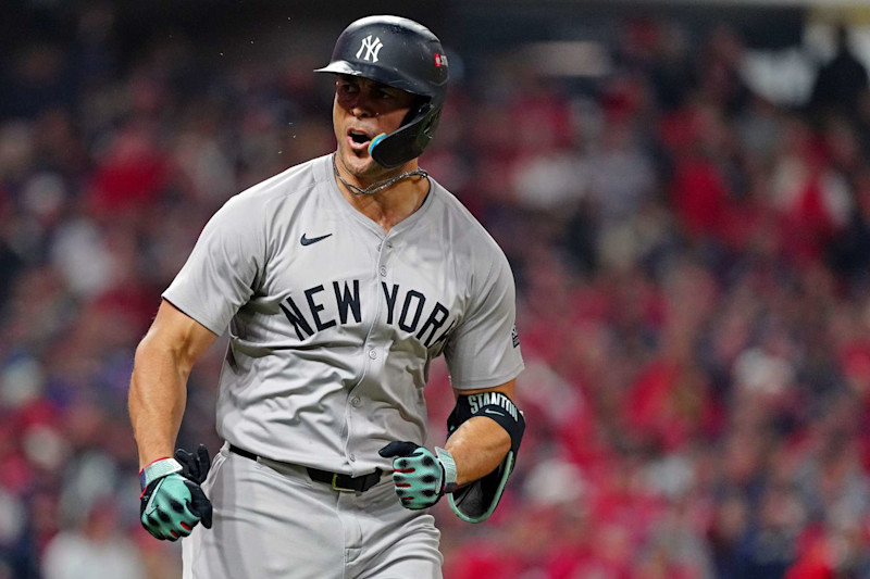 CLEVELAND, OH - OCTOBER 19:  Giancarlo Stanton #27 of the New York Yankees rounds the bases after hitting a two-run home run in the sixth inning during Game 5 of the ALCS presented by loanDepot between the New York Yankees and the Cleveland Guardians at Progressive Field on Saturday, October 19, 2024 in Cleveland, Ohio. (Photo by Mary DeCicco/MLB Photos via Getty Images)