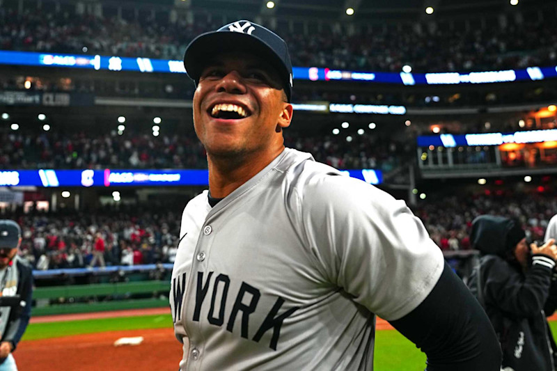 CLEVELAND, OH - OCTOBER 19:  Juan Soto #22 of the New York Yankees celebrates on the field after defeating the Cleveland Guardians in Game 5 of the ALCS presented by loanDepot to advance to the 2024 Major League Baseball World Series at Progressive Field on Saturday, October 19, 2024 in Cleveland, Ohio. (Photo by Mary DeCicco/MLB Photos via Getty Images)