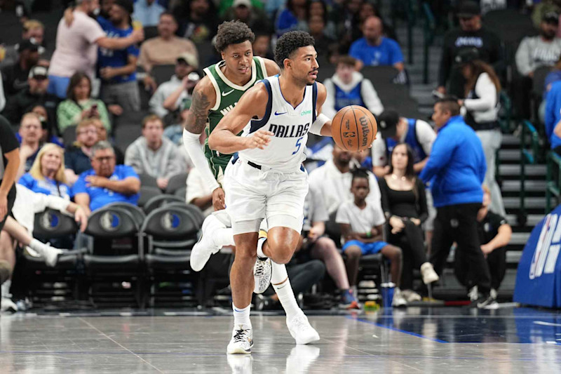 DALLAS, TX - OCTOBER 17: Quentin Grimes #5 of the Dallas Mavericks dribbles the ball during the game against the Milwaukee Bucks during a NBA preseason game on October 17, 2024 at American Airlines Center in Dallas, Texas. NOTE TO USER: User expressly acknowledges and agrees that, by downloading and or using this photograph, User is consenting to the terms and conditions of the Getty Images License Agreement. Mandatory Copyright Notice: Copyright 2024 NBAE (Photo by Glenn James/NBAE via Getty Images)