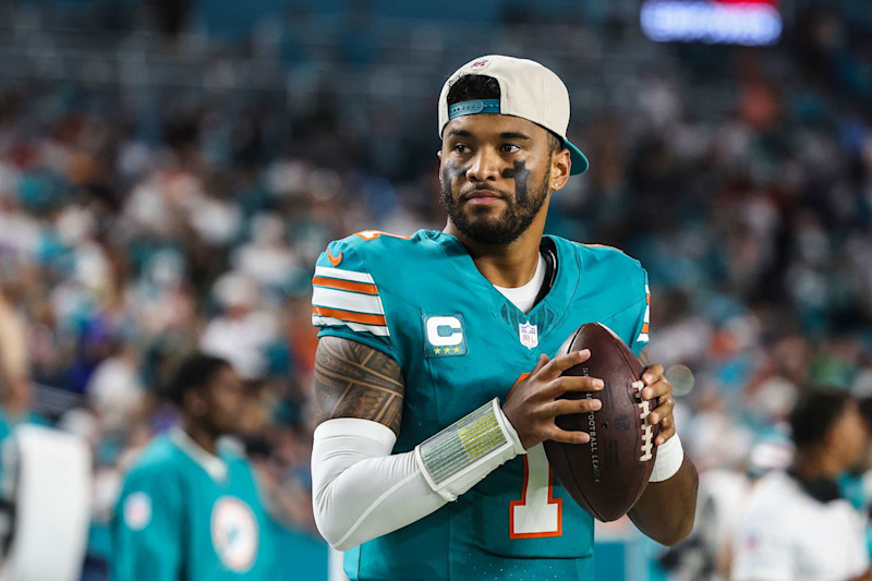 MIAMI GARDENS, FL - SEPTEMBER 12: Tua Tagovailoa #1 of the Miami Dolphins warms up prior to an NFL football game against the Buffalo Bills at Hard Rock Stadium on September 12, 2024 in Miami Gardens, FL. (Photo by Perry Knotts/Getty Images)