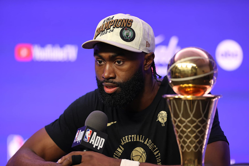 BOSTON, MA - JUNE 17: Jaylen Brown #7 of the Boston Celtics talks to the media after the game against the Dallas Mavericks during Game 5 of the 2024 NBA Finals on June 17, 2024 at the TD Garden in Boston, Massachusetts. NOTE TO USER: User expressly acknowledges and agrees that, by downloading and or using this photograph, User is consenting to the terms and conditions of the Getty Images License Agreement. Mandatory Copyright Notice: Copyright 2024 NBAE  (Photo by Stephen Gosling/NBAE via Getty Images)