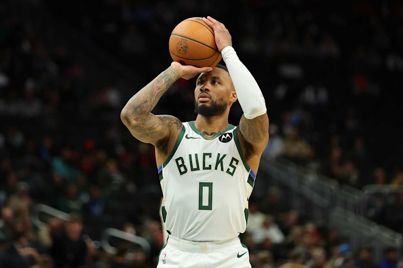 MILWAUKEE, WISCONSIN - OCTOBER 14: Damian Lillard #0 of the Milwaukee Bucks shoots a free throw during the second half of a preseason game against the Chicago Bulls at Fiserv Forum on October 14, 2024 in Milwaukee, Wisconsin.  NOTE TO USER: User expressly acknowledges and agrees that, by downloading and or using this photograph, User is consenting to the terms and conditions of the Getty Images License Agreement. (Photo by Stacy Revere/Getty Images)