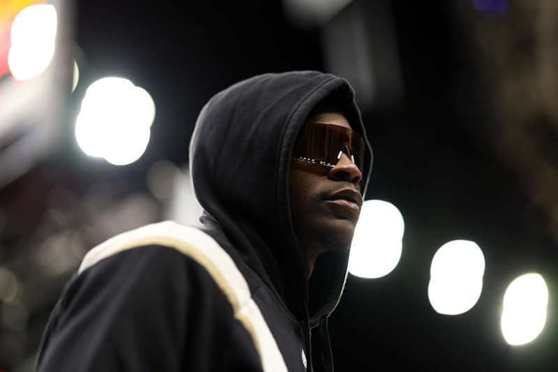 MINNEAPOLIS, MINNESOTA - OCTOBER 17: Anthony Edwards #5 of the Minnesota Timberwolves looks on against the Denver Nuggets in the first quarter of a preseason game at Target Center on October 17, 2024 in Minneapolis, Minnesota. NOTE TO USER: User expressly acknowledges and agrees that, by downloading and or using this photograph, User is consenting to the terms and conditions of the Getty Images License Agreement. (Photo by David Berding/Getty Images)