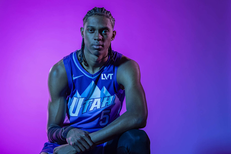 SALT LAKE CITY, UT - SEPTEMBER 30: Cody Williams #5 of the Utah Jazz poses for a head shot on September 30, 2024 at Zions Bank Basketball Campus in Salt Lake City, Utah. NOTE TO USER: User expressly acknowledges and agrees that, by downloading and/or using this Photograph, user is consenting to the terms and conditions of the Getty Images License Agreement. Mandatory Copyright Notice: Copyright 2024 NBAE (Photo by Melissa Majchrzak/NBAE via Getty Images)