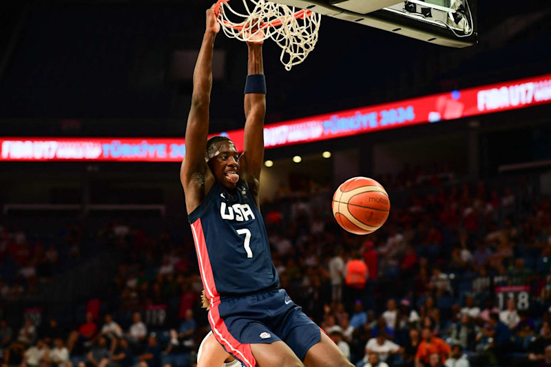 AJ Dybantsa, #7 of the United States of America (USA) in action during the FIBA U17 Basketball World Cup - Turkiye 2024 Final match between Italy and the United States of America (USA) at Sinan Erdem Dome in Istanbul, Turkey on July 7, 2024. (Photo by Altan Gocher / Hans Lucas / Hans Lucas via AFP) (Photo by ALTAN GOCHER/Hans Lucas/AFP via Getty Images)