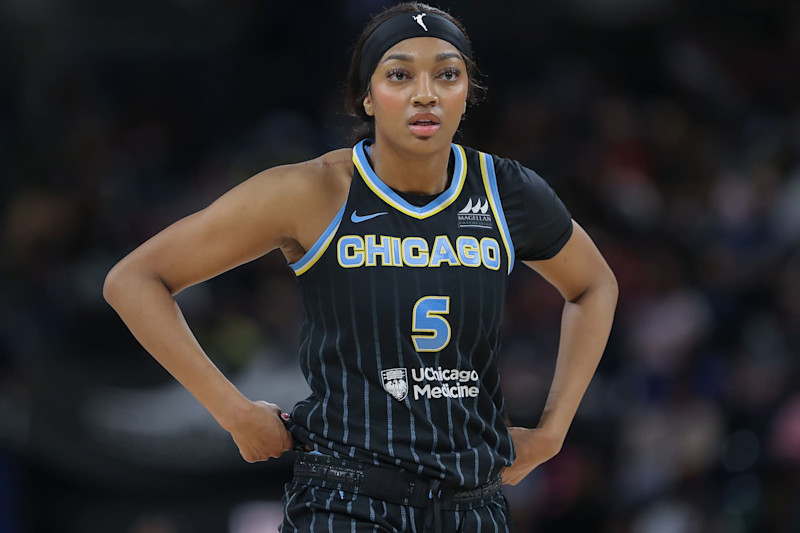 CHICAGO, IL - AUGUST 30: Angel Reese #5 of the Chicago Sky looks on before attempting a free throw during the first half of a WNBA game against the Indiana Fever on August 30, 2024 at Wintrust Arena in Chicago, Illinois. (Photo by Melissa Tamez/Icon Sportswire via Getty Images)