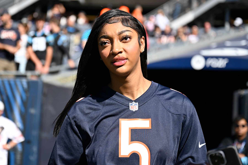 CHICAGO, ILLINOIS - OCTOBER 06: Angel Reese of the Chicago Sky looks on before the game between the Carolina Panthers and the Chicago Bears at Soldier Field on October 06, 2024 in Chicago, Illinois. (Photo by Quinn Harris/Getty Images)