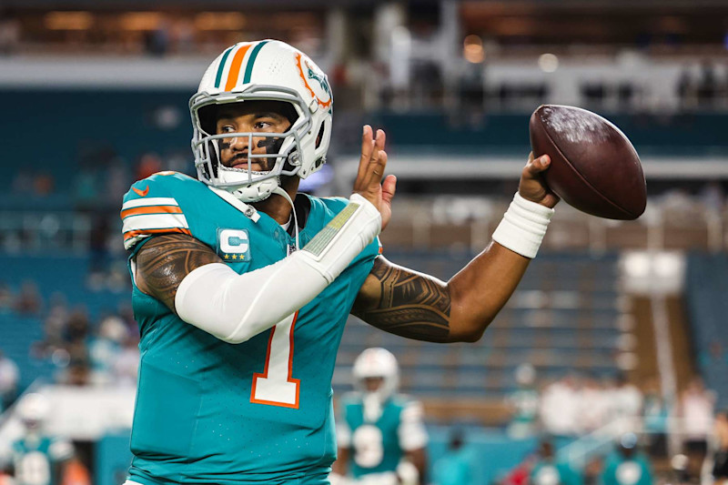 MIAMI GARDENS, FL - SEPTEMBER 12: Tua Tagovailoa #1 of the Miami Dolphins warms up prior to an NFL football game against the Buffalo Bills at Hard Rock Stadium on September 12, 2024 in Miami Gardens, FL. (Photo by Perry Knotts/Getty Images)