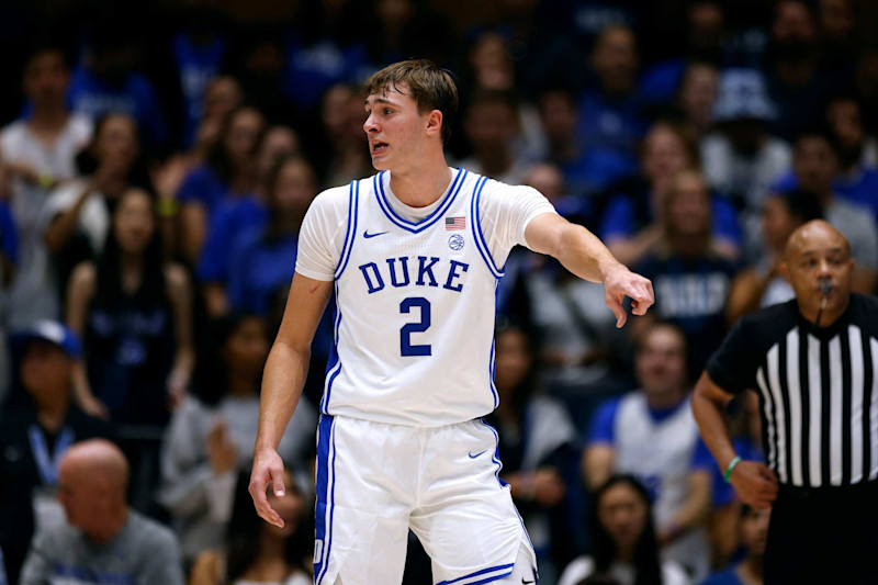 DURHAM, NORTH CAROLINA - OCTOBER 19: Cooper Flagg #2 of the Duke Blue Devils communicates with a teammate during an exhibition game against the Lincoln Lions at Cameron Indoor Stadium on October 19, 2024 in Durham, North Carolina. (Photo by Lance King/Getty Images)