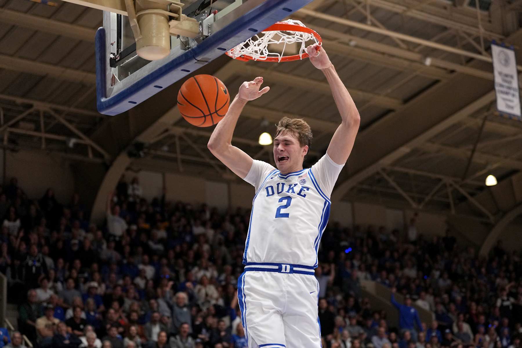 DURHAM, NORTH CAROLINA - OCTOBER 27: Cooper Flagg #2 of the Duke Blue Devils dunks against the Arizona State Sun Devils during the game at Cameron Indoor Stadium on October 27, 2024 in Durham, North Carolina. The Blue Devils won 103-47. (Photo by Grant Halverson/Getty Images)