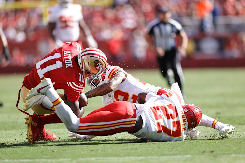 SANTA CLARA, CA - OCTOBER 20: Brandon Aiyuk #11 of the San Francisco 49ers gets injured after making a catch during the game against the Kansas City Chiefs at Levi's Stadium on October 20, 2024 in Santa Clara, California. The Chiefs defeated the 49ers 28-18. (Photo by Michael Zagaris/San Francisco 49ers/Getty Images)