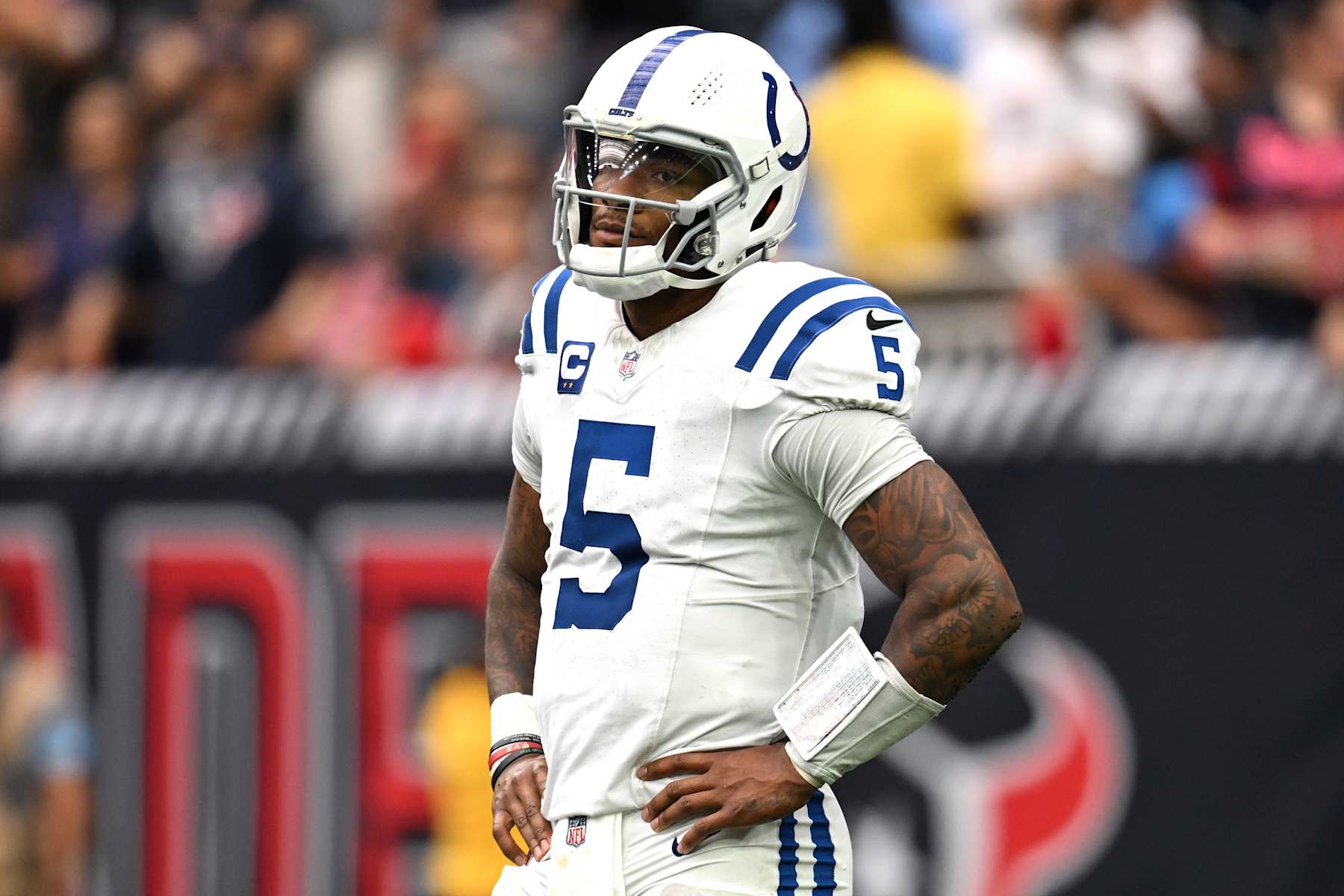 HOUSTON, TEXAS - OCTOBER 27: Anthony Richardson #5 of the Indianapolis Colts reacts after being sacked during the fourth quarter against the Houston Texans at NRG Stadium on October 27, 2024 in Houston, Texas. (Photo by Jack Gorman/Getty Images)