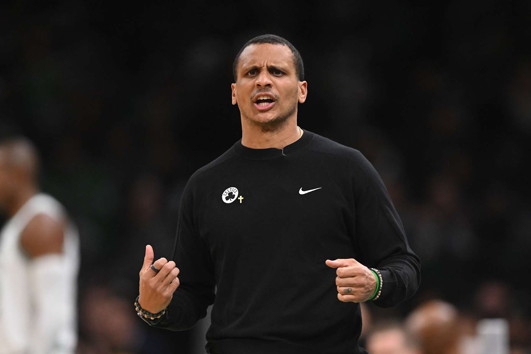 BOSTON, MASSACHUSETTS - OCTOBER 28: Joe Mazzulla of the Boston Celtics shouts at a referee during the second half at the TD Garden on October 28, 2024 in Boston, Massachusetts. NOTE TO USER: User expressly acknowledges and agrees that, by downloading and or using this photograph, User is consenting to the terms and conditions of the Getty Images License Agreement. (Photo by Brian Fluharty/Getty Images)