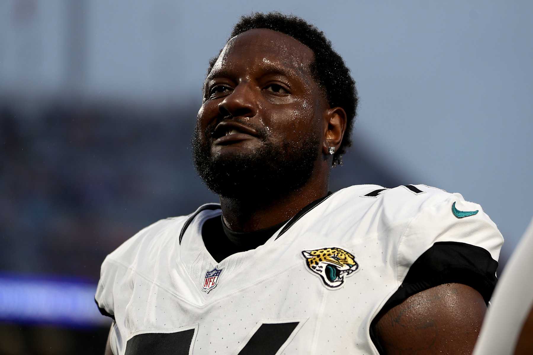 ORCHARD PARK, NEW YORK - SEPTEMBER 23: Cam Robinson #74 of the Jacksonville Jaguars looks on prior to a game against the Buffalo Bills at Highmark Stadium on September 23, 2024 in Orchard Park, New York. (Photo by Bryan Bennett/Getty Images)