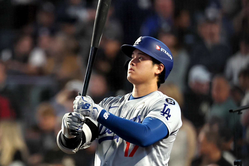 LOS ANGELES, CA - OCTOBER 29, 2024: Los Angeles Dodgers two-way player Shohei Ohtani (17) about to bat in the first inning. Game 4 of the World Series against the Yankees at Yankees Stadium in New York City Tuesday, October 29 2024. (Robert Gauthier/Los Angeles Times via Getty Images)