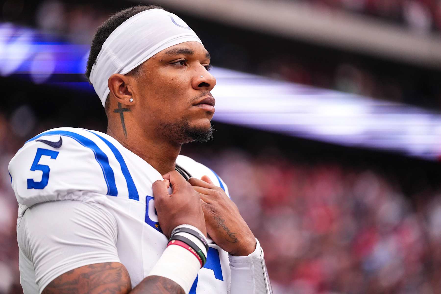 HOUSTON, TX - OCTOBER 27: Anthony Richardson #5 of the Indianapolis Colts looks on from the sideline prior to an NFL football game against the Houston Texans at NRG Stadium on October 27, 2024 in Houston, Texas. (Photo by Cooper Neill/Getty Images)