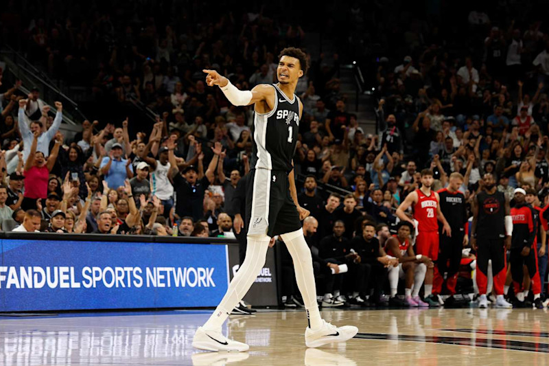 SAN ANTONIO, TX - OCTOBER 28: Victor Wembanyama #1 of the San Antonio Spurs reacts after a basket against the Houston Rockets in the second half at Frost Bank Center on October 28, 2024 in San Antonio, Texas. NOTE TO USER: User expressly acknowledges and agrees that, by downloading and or using this photograph, User is consenting to terms and conditions of the Getty Images License Agreement. (Photo by Ronald Cortes/Getty Images)