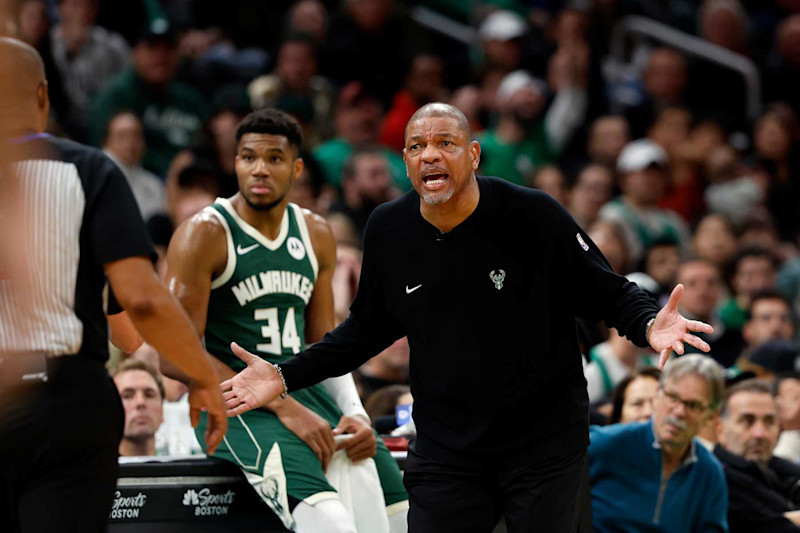 Boston, MA - October 28: Milwaukee Bucks head coach Doc Rivers argues a call with referee Tony Brothers in the third quarter at TD Garden. (Photo by Danielle Parhizkaran/The Boston Globe via Getty Images)