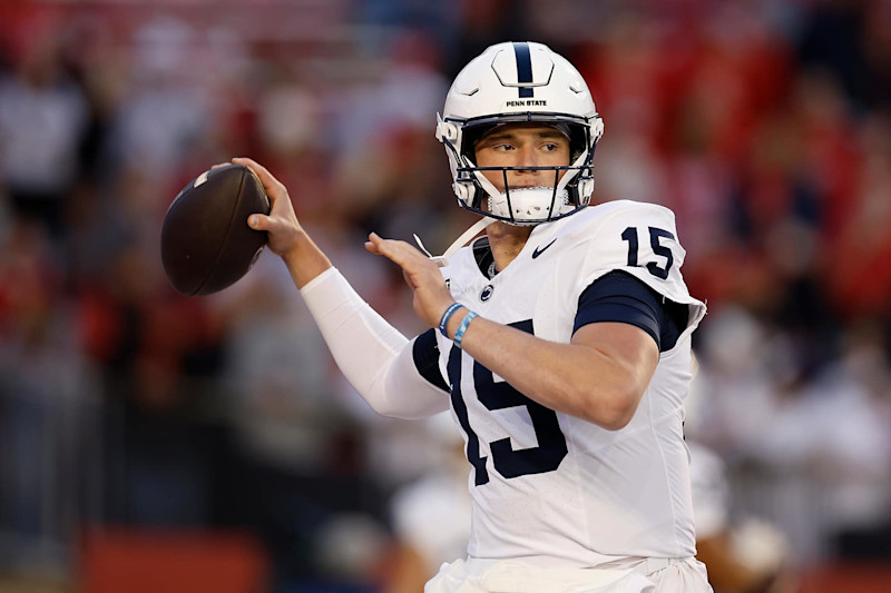 MADISON, WISCONSIN - OCTOBER 26: Drew Allar #15 of the Penn State Nittany Lions warms up before game against the Wisconsin Badgers at Camp Randall Stadium on October 26, 2024 in Madison, Wisconsin. (Photo by John Fisher/Getty Images)