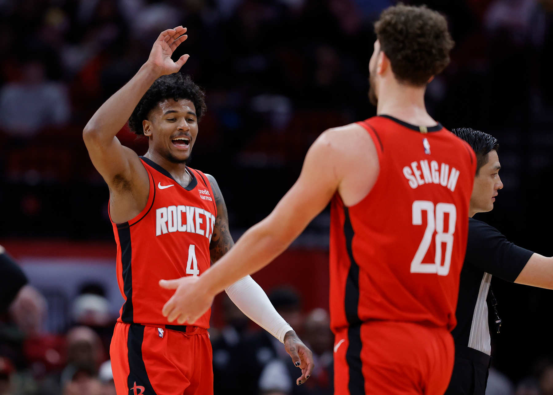HOUSTON, TEXAS - JANUARY 01: Jalen Green #4 of the Houston Rockets high fives Alperen Sengun #28 against the Detroit Pistons during the second half at Toyota Center on January 01, 2024 in Houston, Texas. NOTE TO USER: User expressly acknowledges and agrees that, by downloading and or using this photograph, User is consenting to the terms and conditions of the Getty Images License Agreement.
(Photo by Carmen Mandato/Getty Images)
