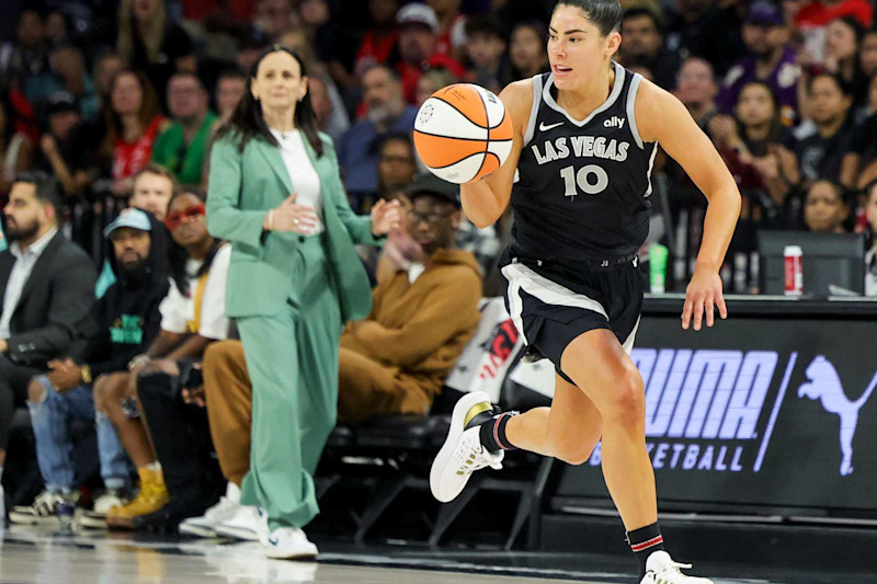 LAS VEGAS, NEVADA - OCTOBER 06: Kelsey Plum #10 of the Las Vegas Aces brings the ball up the court against the New York Liberty in the first quarter of Game Four of the 2024 WNBA Playoffs semifinals at Michelob ULTRA Arena on October 06, 2024 in Las Vegas, Nevada. The Liberty defeated the Aces 76-62 to win the series three games to one. NOTE TO USER: User expressly acknowledges and agrees that, by downloading and or using this photograph, User is consenting to the terms and conditions of the Getty Images License Agreement. (Photo by Ethan Miller/Getty Images)