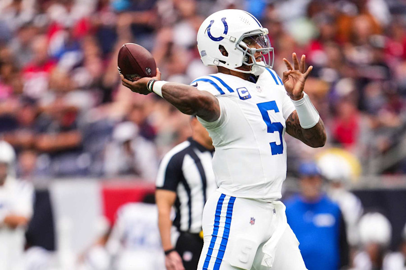 HOUSTON, TX - OCTOBER 27: Anthony Richardson #5 of the Indianapolis Colts throws the ball during an NFL football game against the Houston Texans at NRG Stadium on October 27, 2024 in Houston, Texas. (Photo by Cooper Neill/Getty Images)