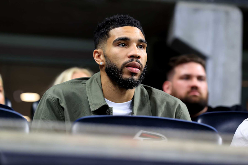 ATLANTA, GA - NOVEMBER 03: Boston Celtics Power Forward Jayson Tatum enjoys the game from the endzone suites during the Sunday afternoon NFL game between the Atlanta Falcons and the Dallas Cowboys on November 3, 2024 at the Mercedes-Benz Stadium in Atlanta, Georgia.   (Photo by David J. Griffin/Icon Sportswire via Getty Images)