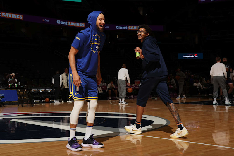 WASHINGTON, DC -  NOVEMBER 4: Stephen Curry #30 of the Golden State Warriors and Jordan Poole #13 of the Washington Wizards smile before the game on November 4, 2024 at Capital One Arena in Washington, DC. NOTE TO USER: User expressly acknowledges and agrees that, by downloading and or using this Photograph, user is consenting to the terms and conditions of the Getty Images License Agreement. Mandatory Copyright Notice: Copyright 2024 NBAE (Photo by Stephen Gosling/NBAE via Getty Images)