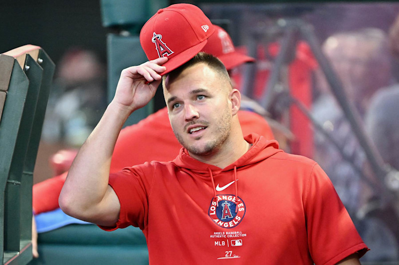 ANAHEIM, CA - SEPTEMBER 28: Los Angeles Angels center fielder Mike Trout (27) in the dugout before the start of an MLB baseball game against the Texas Rangers played on September 28, 2024 at Angel Stadium in Anaheim, CA. (Photo by John Cordes/Icon Sportswire via Getty Images)