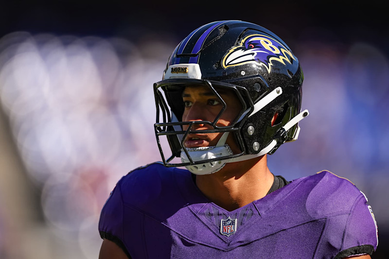 BALTIMORE, MD - NOVEMBER 03: Kyle Hamilton #14 of the Baltimore Ravens looks on before the game against the Denver Broncos at M&T Bank Stadium on November 3, 2024 in Baltimore, Maryland. (Photo by Scott Taetsch/Getty Images)