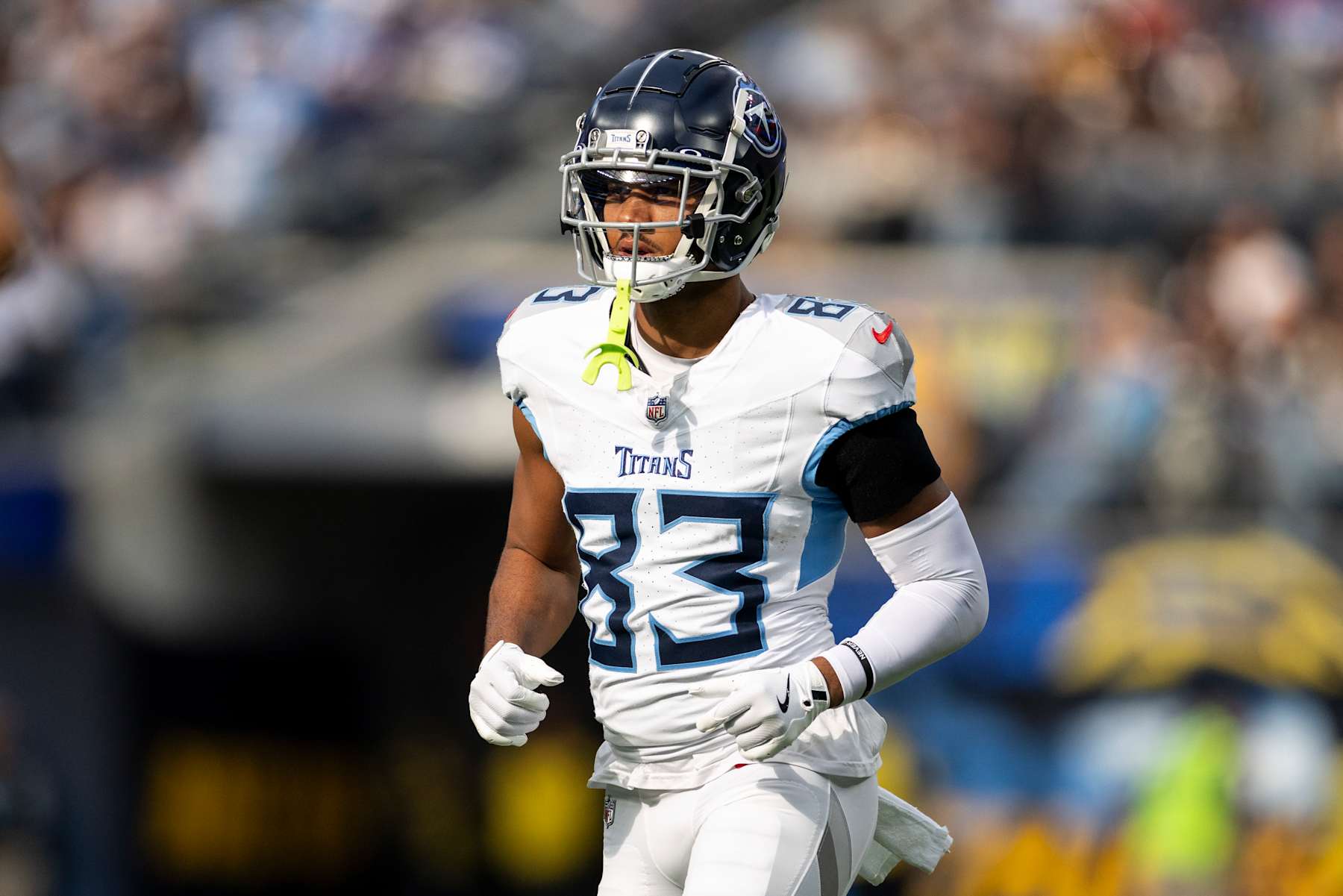 INGLEWOOD, CALIFORNIA - NOVEMBER 10: Tyler Boyd #83 of the Tennessee Titans runs during an NFL Football game against the Los Angeles Chargers at SoFi Stadium on November 10, 2024 in Inglewood, California. (Photo by Michael Owens/Getty Images)
