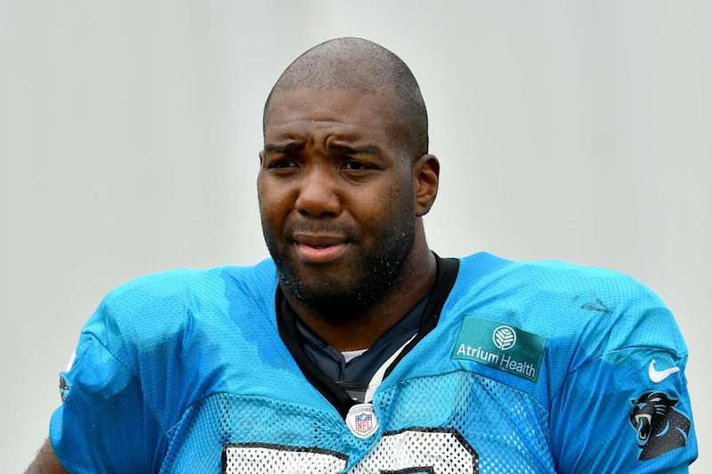 CHARLOTTE, NORTH CAROLINA - AUGUST 24: Russell Okung #76 of the Carolina Panthers waits between drills during a training camp session at Bank of America Stadium on August 24, 2020 in Charlotte, North Carolina. (Photo by Grant Halverson/Getty Images)