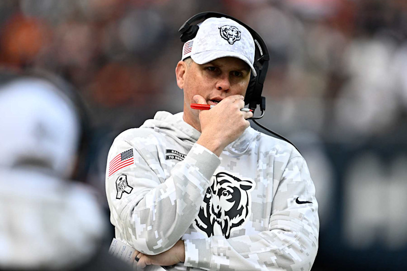 CHICAGO, ILLINOIS - NOVEMBER 10: Offensive coordinator Shane Waldron of the Chicago Bears looks on during the second half against the New England Patriots at Soldier Field on November 10, 2024 in Chicago, Illinois. (Photo by Quinn Harris/Getty Images)