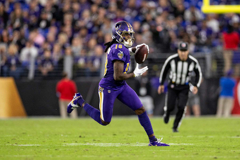 BALTIMORE, MARYLAND - NOVEMBER 7: Diontae Johnson #18 of the Baltimore Ravens runs with the ball during an NFL Football game against the Cincinnati Bengals at M&T Bank Stadium on November 07, 2024 in Baltimore, Maryland. (Photo by Michael Owens/Getty Images)