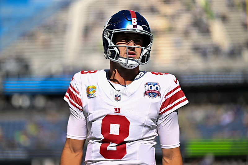 SEATTLE, WASHINGTON - OCTOBER 06: Daniel Jones #8 of the New York Giants looks on before the game against the Seattle Seahawks at Lumen Field on October 06, 2024 in Seattle, Washington. The New York Giants won 29-20. (Photo by Alika Jenner/Getty Images)