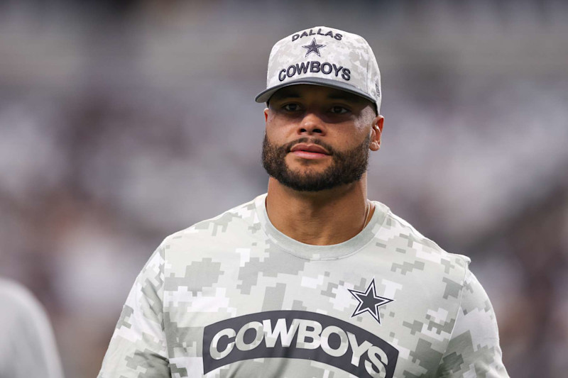 ARLINGTON, TEXAS - NOVEMBER 10: Dak Prescott #4 of the Dallas Cowboys walks the field prior to the game against the Philadelphia Eagles at AT&T Stadium on November 10, 2024 in Arlington, Texas. (Photo by Sam Hodde/Getty Images)