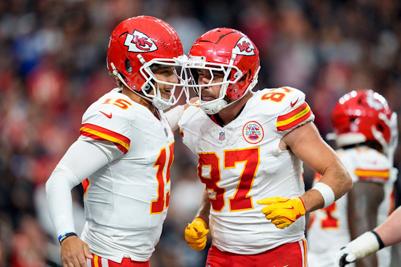 LAS VEGAS, NEVADA - OCTOBER 27: Tight end Travis Kelce #87 of the Kansas City Chiefs and quarterback Patrick Mahomes #15 celebrate after a touchdown during the second quarter of an NFL football game against the Las Vegas Raiders, at Allegiant Stadium on October 27, 2024 in Las Vegas, Nevada. (Photo by Brooke Sutton/Getty Images)