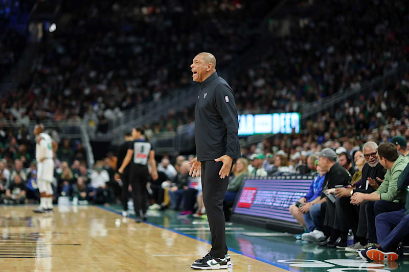 MILWAUKEE, WISCONSIN - NOVEMBER 10: Head coach Doc Rivers of the Milwaukee Bucks reacts to an officials call during a game against the Boston Celtics at Fiserv Forum on November 10, 2024 in Milwaukee, Wisconsin. NOTE TO USER: User expressly acknowledges and agrees that, by downloading and or using this photograph, User is consenting to the terms and conditions of the Getty Images License Agreement. (Photo by Stacy Revere/Getty Images)