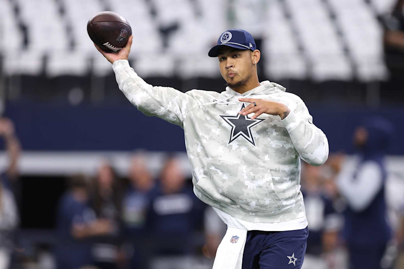 ARLINGTON, TEXAS - NOVEMBER 10: Trey Lance #19 of the Dallas Cowboys warms up prior to the game against the Philadelphia Eagles at AT&T Stadium on November 10, 2024 in Arlington, Texas. (Photo by Sam Hodde/Getty Images)