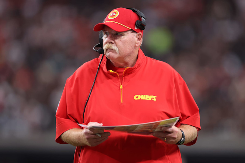 LAS VEGAS, NEVADA - OCTOBER 27: Head coach Andy Reid of the Kansas City Chiefs looks on as they play the Las Vegas Raiders at Allegiant Stadium on October 27, 2024 in Las Vegas, Nevada. (Photo by Christian Petersen/Getty Images)