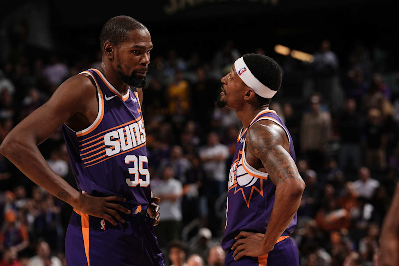 PHOENIX, AZ - NOVEMBER 2: Kevin Durant #35 and Bradley Beal #3 of the Phoenix Suns talk during the game against the Portland Trail Blazers on November 2, 2024 at Footprint Center in Phoenix, Arizona. NOTE TO USER: User expressly acknowledges and agrees that, by downloading and or using this photograph, user is consenting to the terms and conditions of the Getty Images License Agreement. Mandatory Copyright Notice: Copyright 2024 NBAE (Photo by Kate Frese/NBAE via Getty Images)