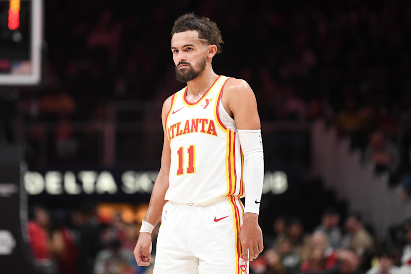 ATLANTA, GEORGIA - NOVEMBER 09: Trae Young #11 of the Atlanta Hawks looks on during the game against the Chicago Bulls on November 9, 2024 at State Farm Arena in Atlanta, Georgia. NOTE TO USER: User expressly acknowledges and agrees that, by downloading and or using this photograph, User is consenting to the terms and conditions of the Getty Images License Agreement.  (Photo by Paras Griffin/Getty Images)