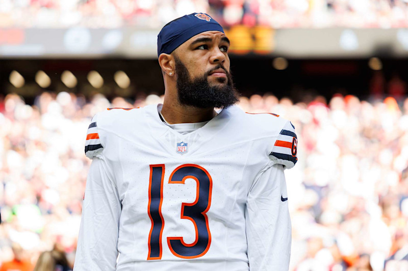 GLENDALE, ARIZONA - NOVEMBER 3: Wide receiver Keenan Allen #13 of the Chicago Bears stands on the sidelines during the national anthem prior to an NFL game against the Arizona Cardinals at State Farm Stadium on November 3, 2024 in Glendale, Arizona. (Photo by Brooke Sutton/Getty Images)