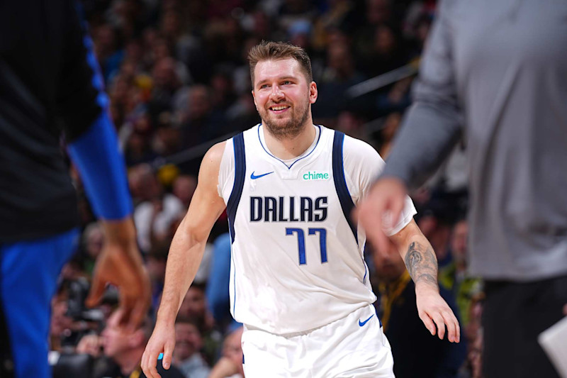 DENVER, CO - NOVEMBER 10:  Luka Doncic #77 of the Dallas Mavericks smiles during the game against the Denver Nuggets during a regular season game on November 10, 2024 at Ball Arena in Denver, Colorado. NOTE TO USER: User expressly acknowledges and agrees that, by downloading and/or using this Photograph, user is consenting to the terms and conditions of the Getty Images License Agreement. Mandatory Copyright Notice: Copyright 2024 NBAE (Photo by Bart Young/NBAE via Getty Images)